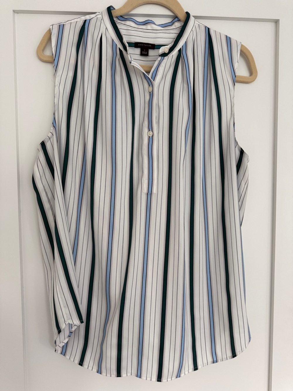 Ann Taylor White Blouse with Green and Light Blue Stripes